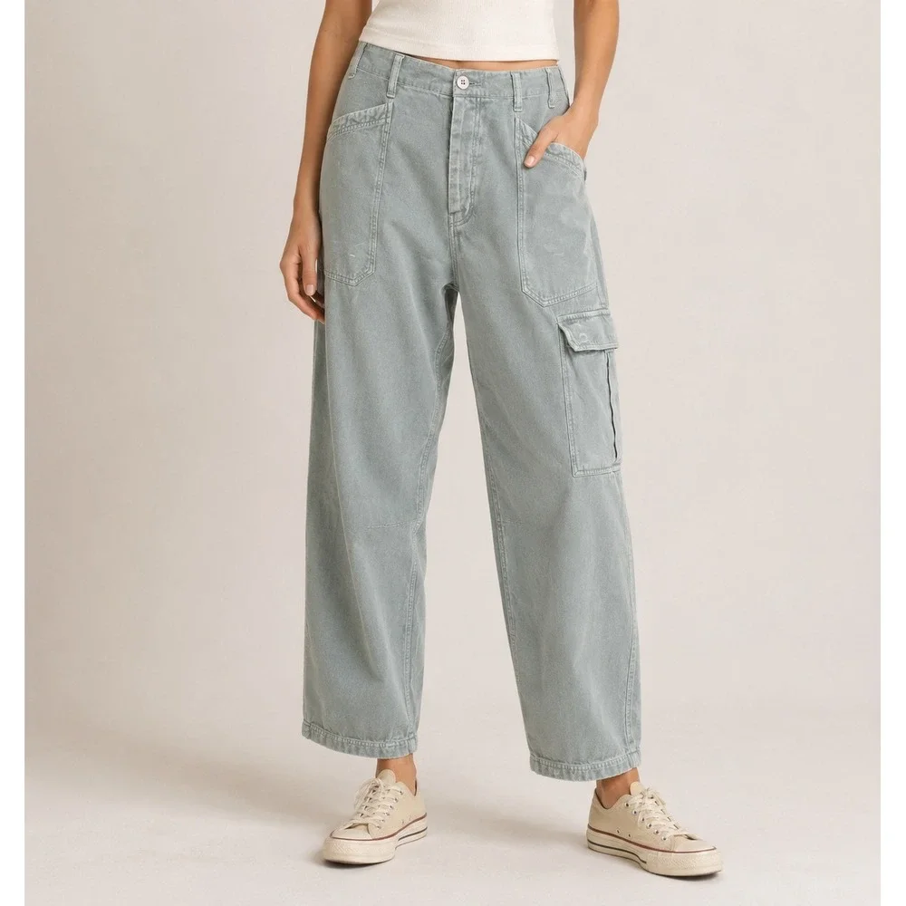 Free People Blue Grey Slub Texture Utility Cargo Pants XS Relaxed Tapered Leg - Picture 13 of 13